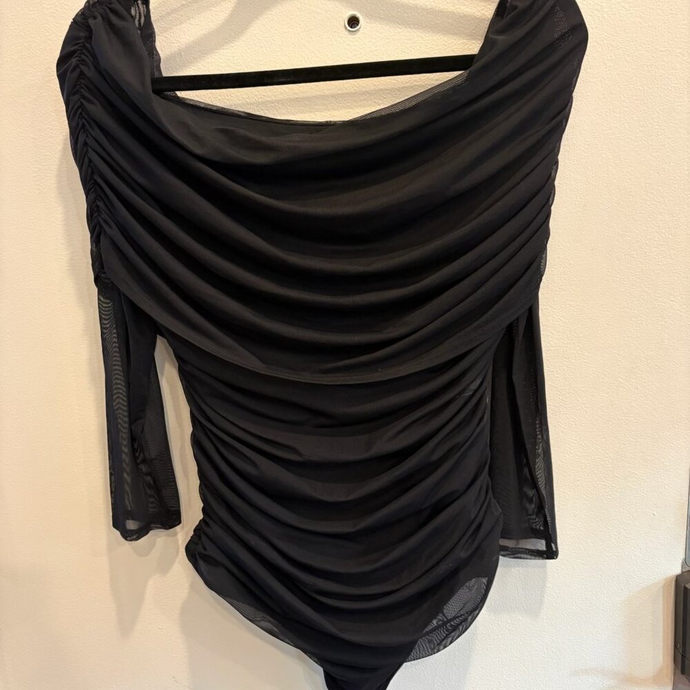 NWT, Abercrombie Long-Sleeve Mesh Foldover Bodysuit, Black, L - Picture 4 of 7